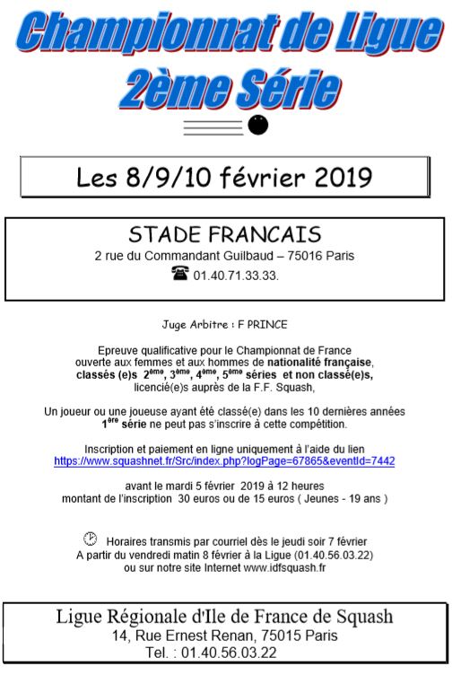 Championnat de Ligue IDF 2ème série : 8/9/10 février prochains !