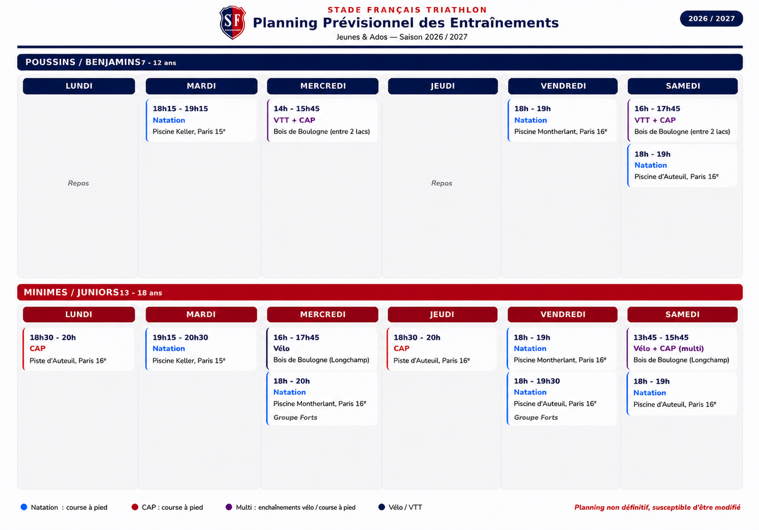 Planning Sf Tri Jeunes 26:27 Planning Stade Français Triathlon Jeunes 26:27